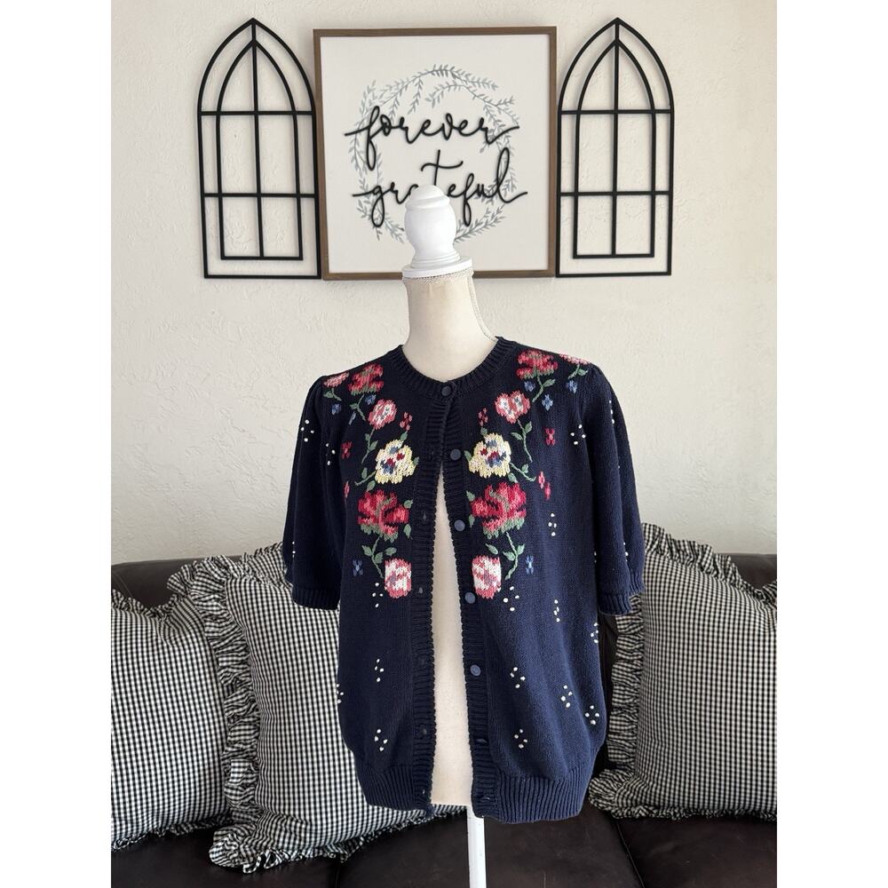Classic Directions Navy Blue Short Sleeve Floral Embroidered Cardigan Size M